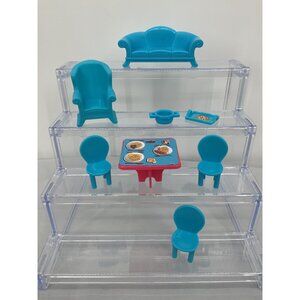 Miniature Dollhouse Furniture Set With Dining Table Chairs Blue Sofa & Armchair